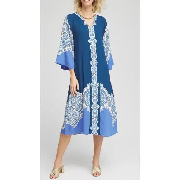New Chico's seaport blue popover kaftan midi dress Size XXL Boho Lagenlook - Picture 1 of 11